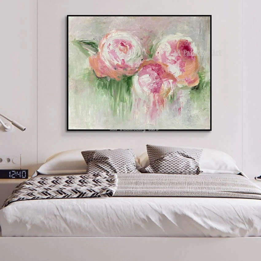 

Hand Painted Hotel Bedroom Decorative Canvas Wall Item Rose Flowers Oil Painting Art Picture Unframed Showpieces Knife Artwork