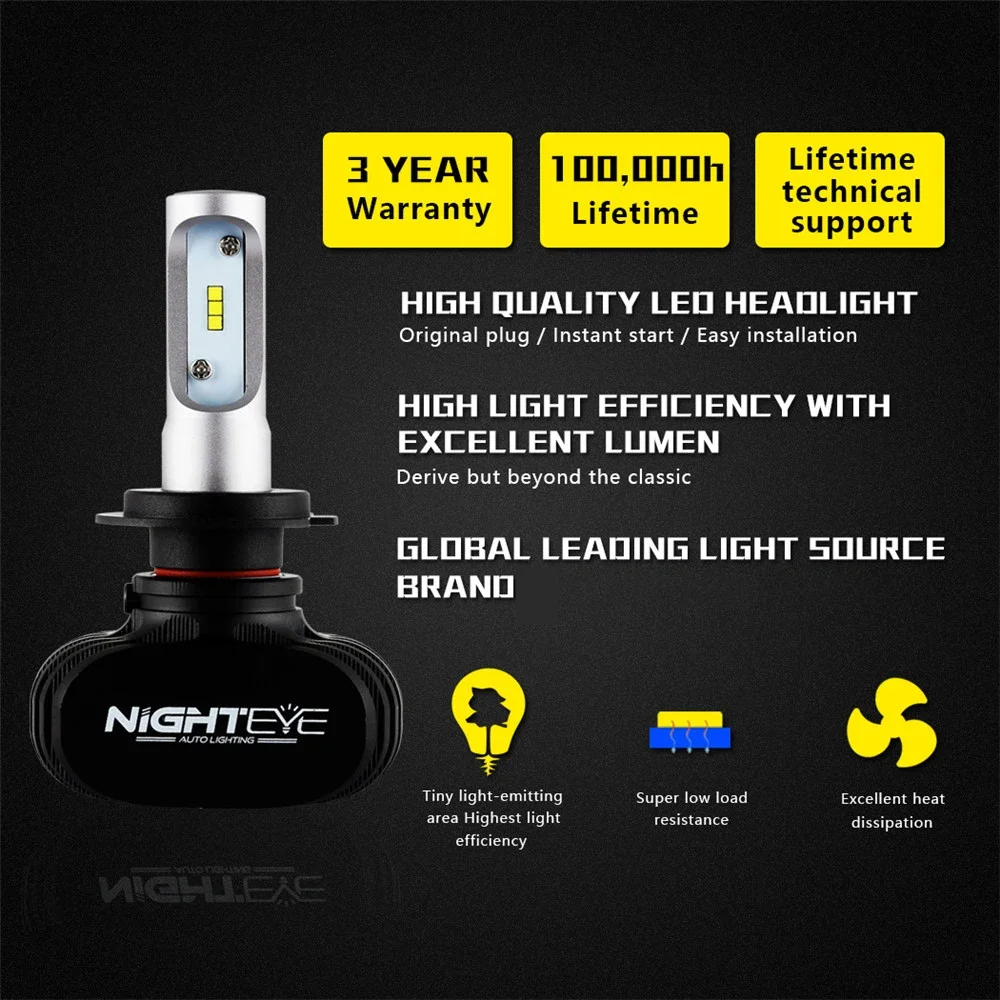Фото NIGHTEYE Автомобильные светодиодные фары Противотуманные фары 50 Вт 8000LM 6500K Белые автомобильные фары H4/9003/HB2 Hi/Lo H7 H11 9005 HB3 9006 HB4 H1 №2