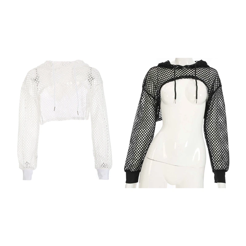 

2 Pcs Long Sleeve T Shirt Women Mesh Top Hooded Hollow Out Punk Rock Short Crop Top T-Shirt Fishnet L Size White & Black