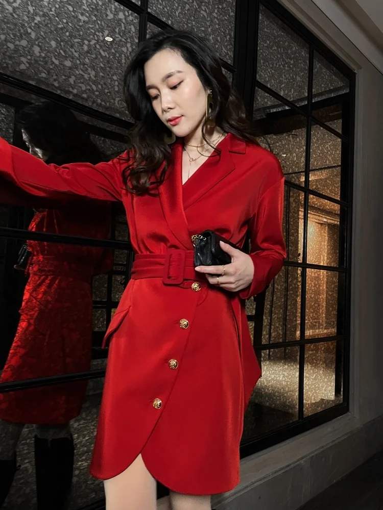 

Новинка весна-осень красный костюм с воротником юбка с запахом средней длины офисный стиль женское платье