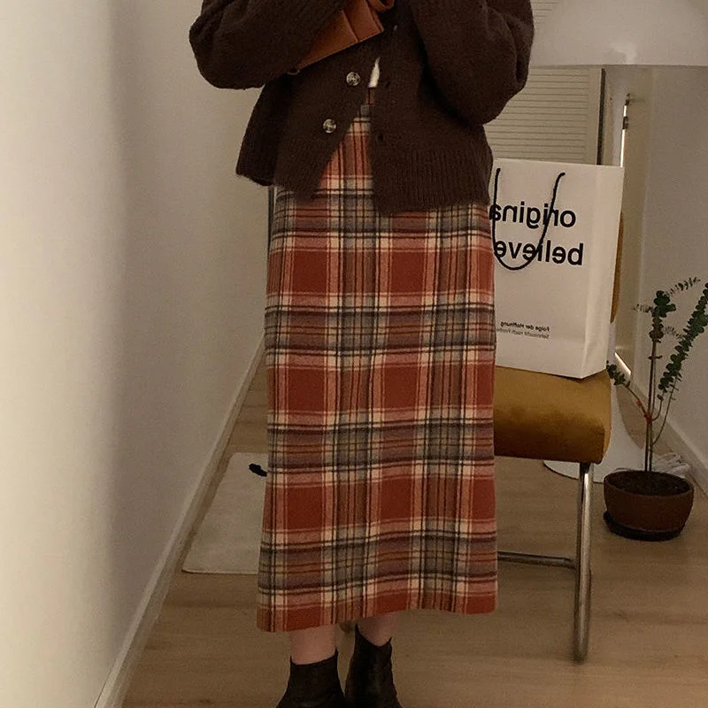 

Autumn and Winter Women's Plaid Skirt New Medium Long Temperament Commuter High Waist Slim Casual Fashion A-line Dress