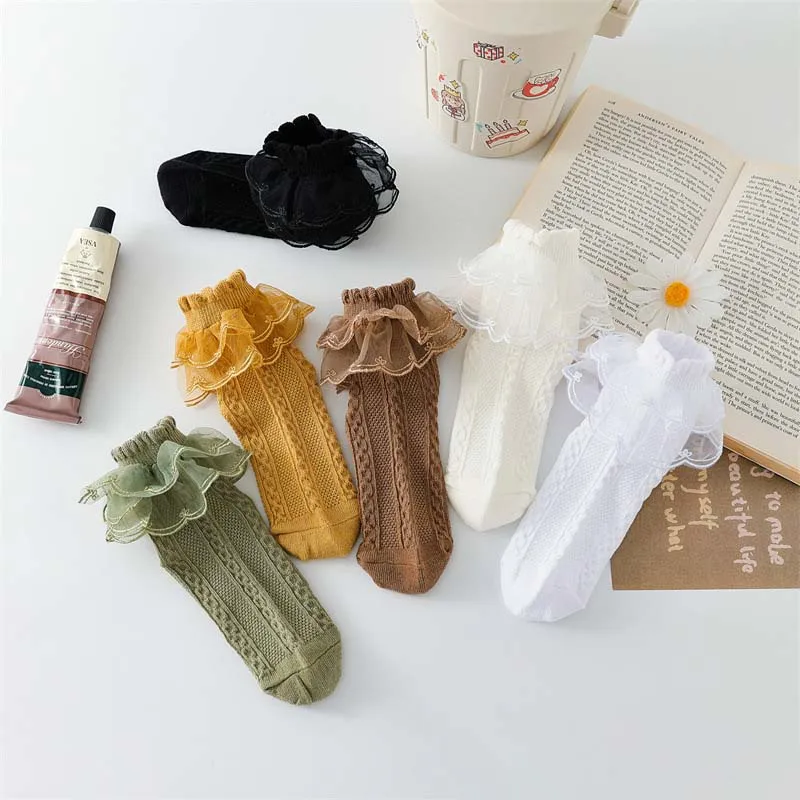 Autumn and winter new pure cotton lace girls lace socks Double layer lace princess socks 1-12 years old Latin dance socks