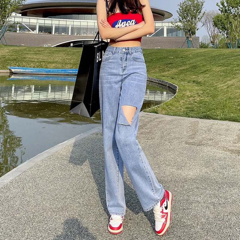 Jeans, women's blue, spring and summer commuting pants, perforated, thin, high waisted, straight, loose fitting, versatile and f