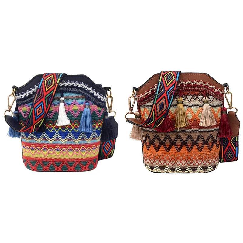 

2PCS Fashion Bohemian Ethnic Style Women's Straw Woven Shoulder Messenger Bag, Navy Blue & Brown