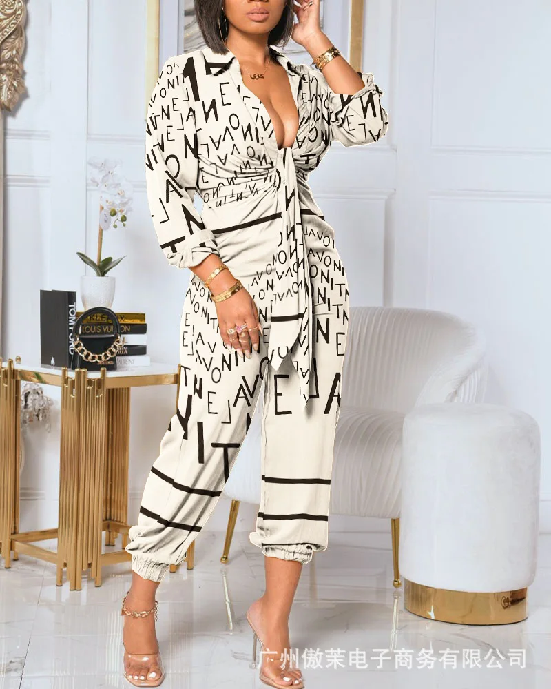 

Women's Jumpsuits Spring 2022 New Office Lady Long Sleeve Printed Loose Jumpsuits