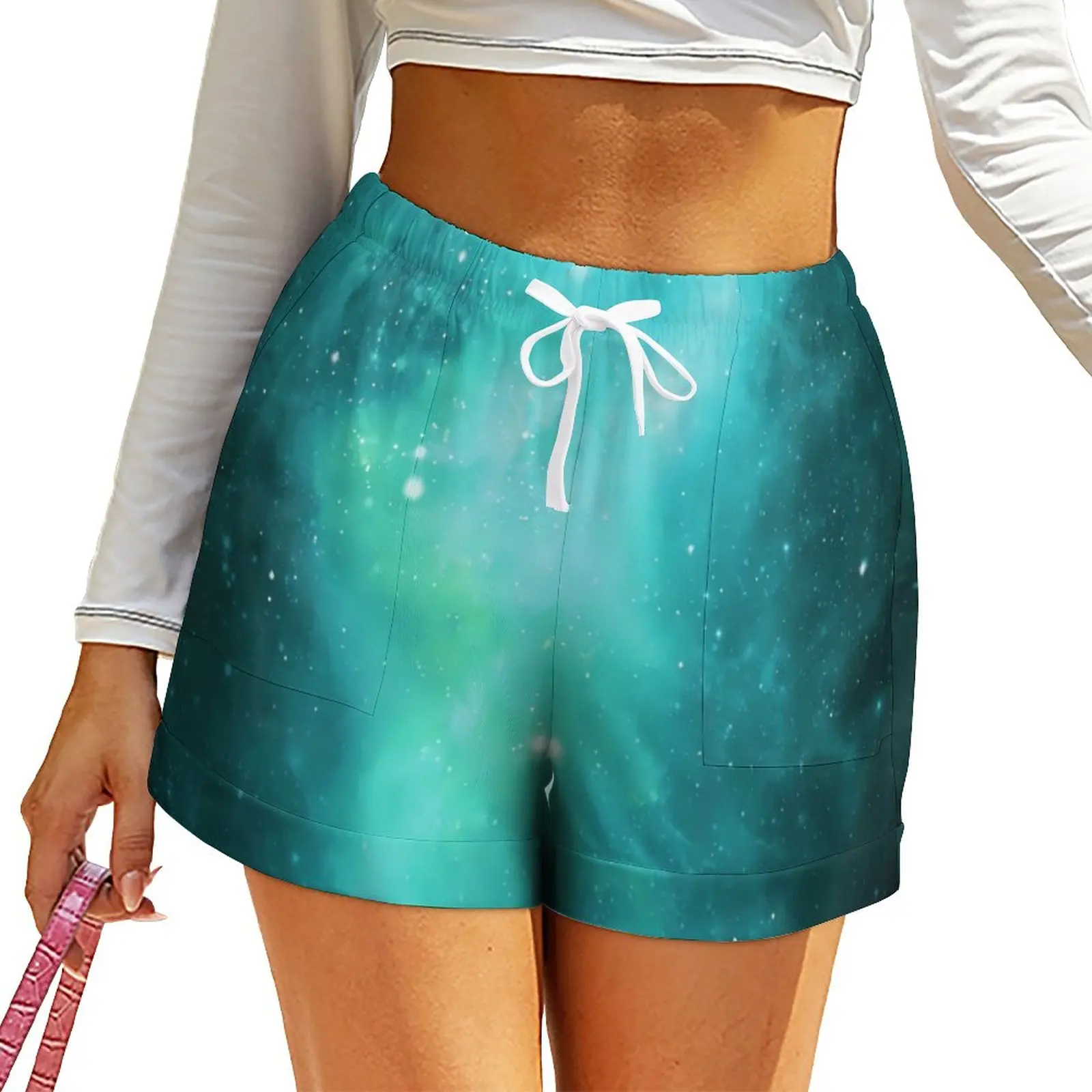 

Blue Green Galaxy Shorts High Waist Stars Print Graphic Shorts With Pockets Summer Beach Oversize Short Pants Streetwear Bottoms