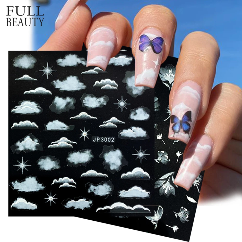

5D Sky White Cloud Stickers For Nail Decals Engraved Embossed Flowers Leaf Design Adhesive Slider Wraps Manicure CHJP3001-3018-1