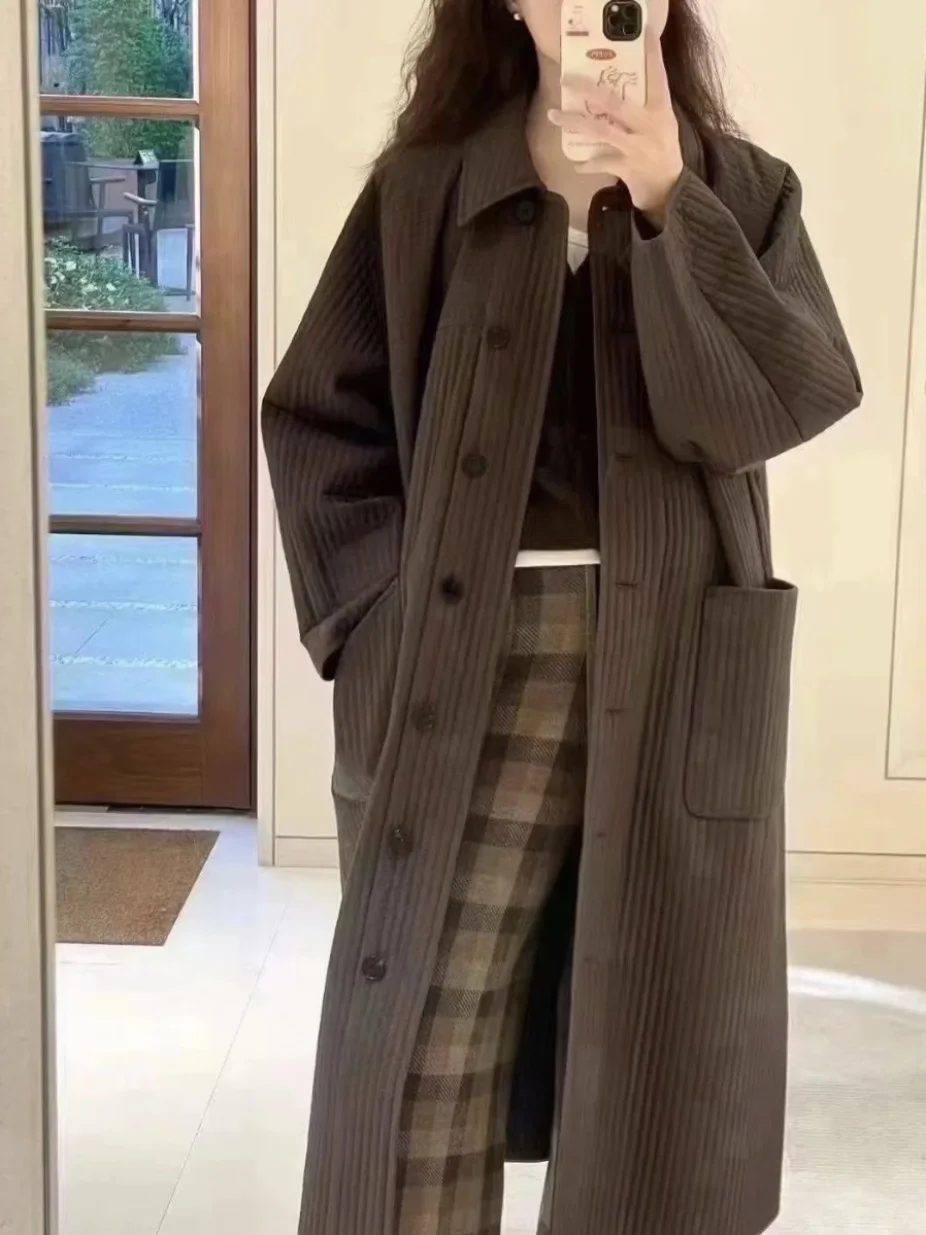 He 2024 осенне-зимнее новое свободное однобортное длинное пуховое пальто из