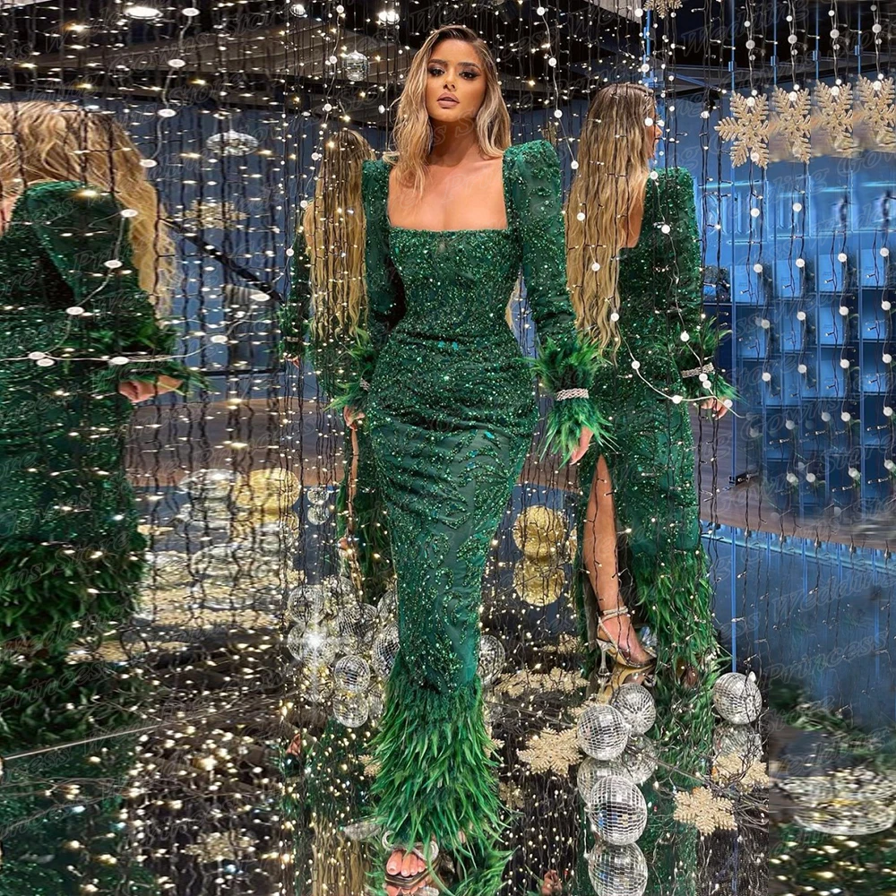 

Green Bead Lace Prom Dress Long Sleeve Luxury Feather Formal Evening Gown For Woman Boat Neck Floor Length Sheath Party Pageant
