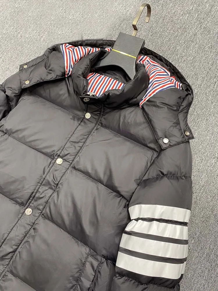 Winter Down Jacket Luxury Brand Classic White Striped Design Duck Down Jacket Korean Fashion Style Hooded Short Jacket