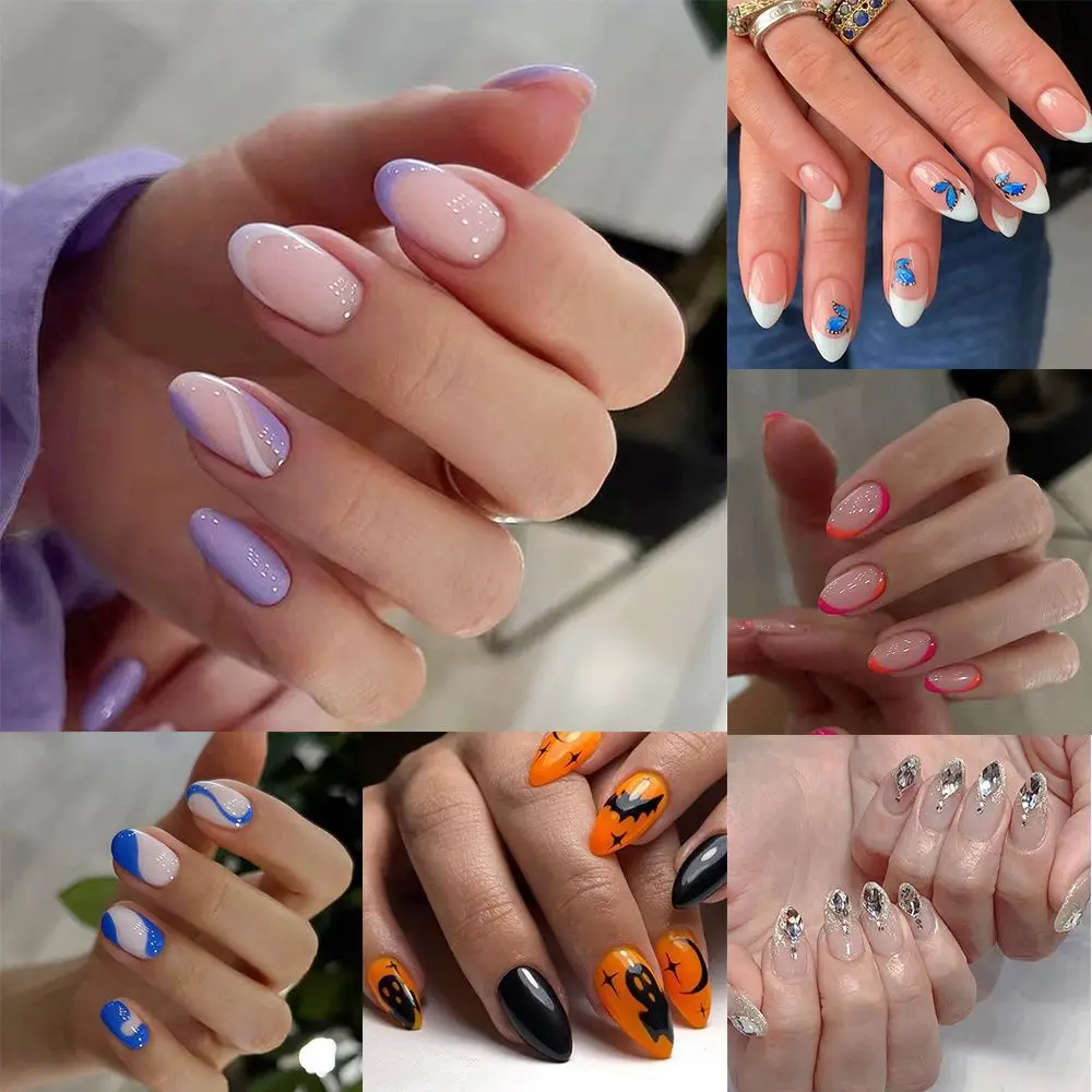 

Women Fashion Full Cover Artificial Detachable Almond False Nails French Stiletto Fake Nails Nail Tips Wearable