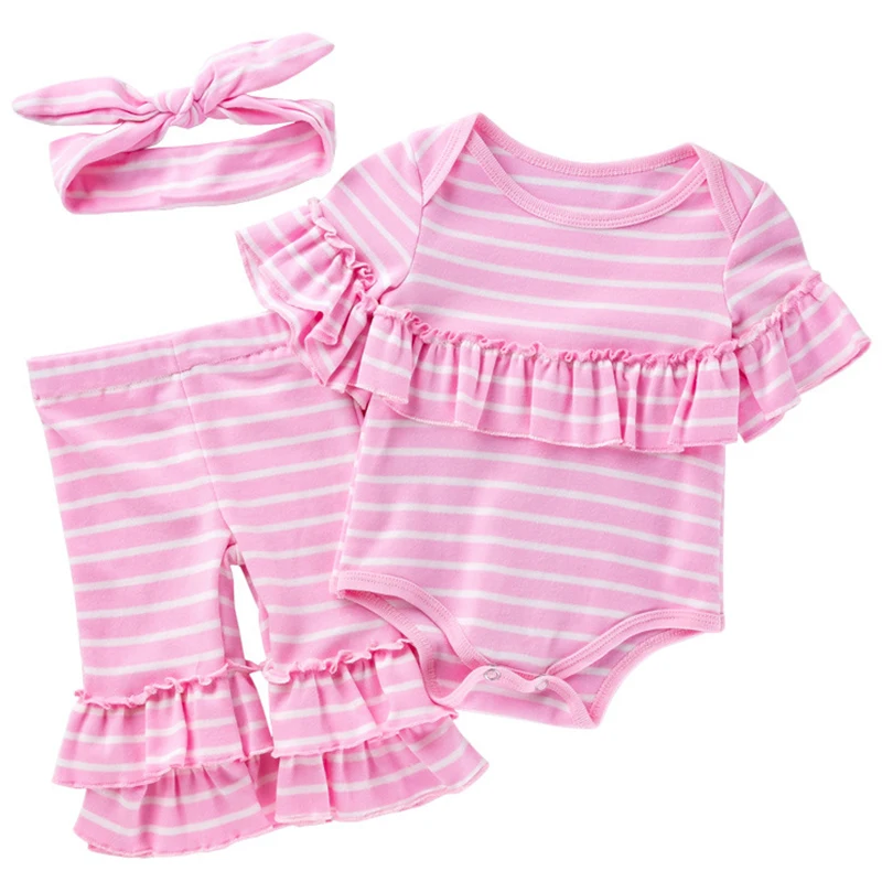 

Комплект летней одежды для маленьких девочек из 3 предметов, корейское милое хлопковое боди в полоску с коротким рукавом для младенцев + брюки + искусственная кожа BC375