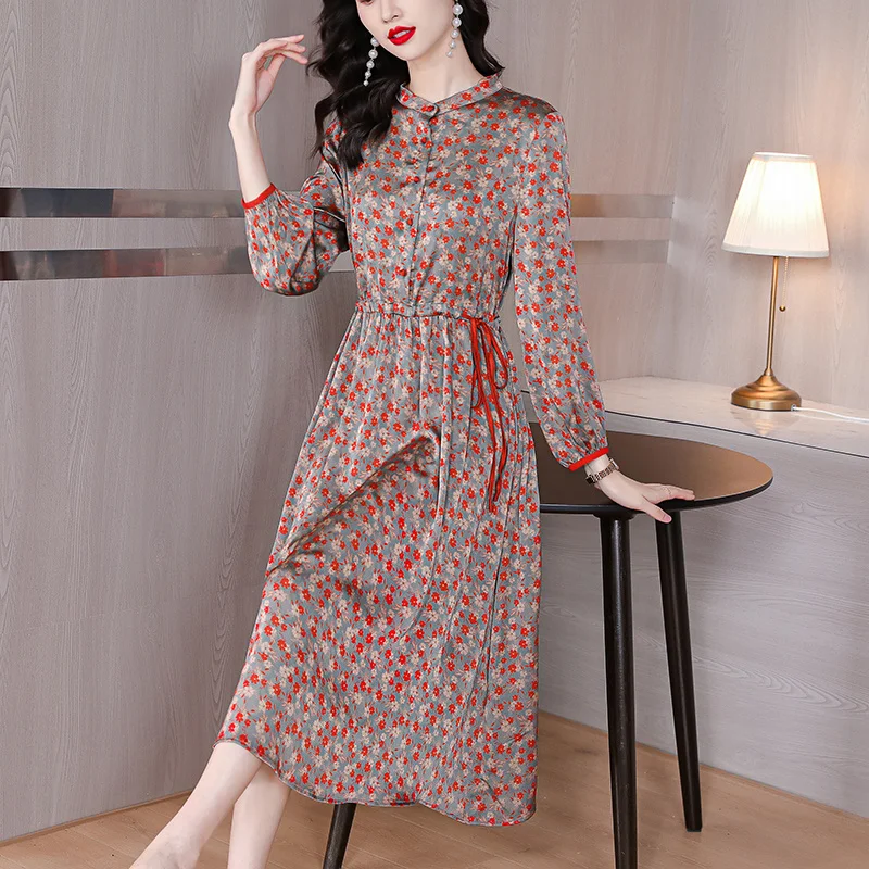 

High Quality Dress Fashion Spring New Women'S Vintage Elegant Lapel Long Sleeve Button Printing Party Dresses