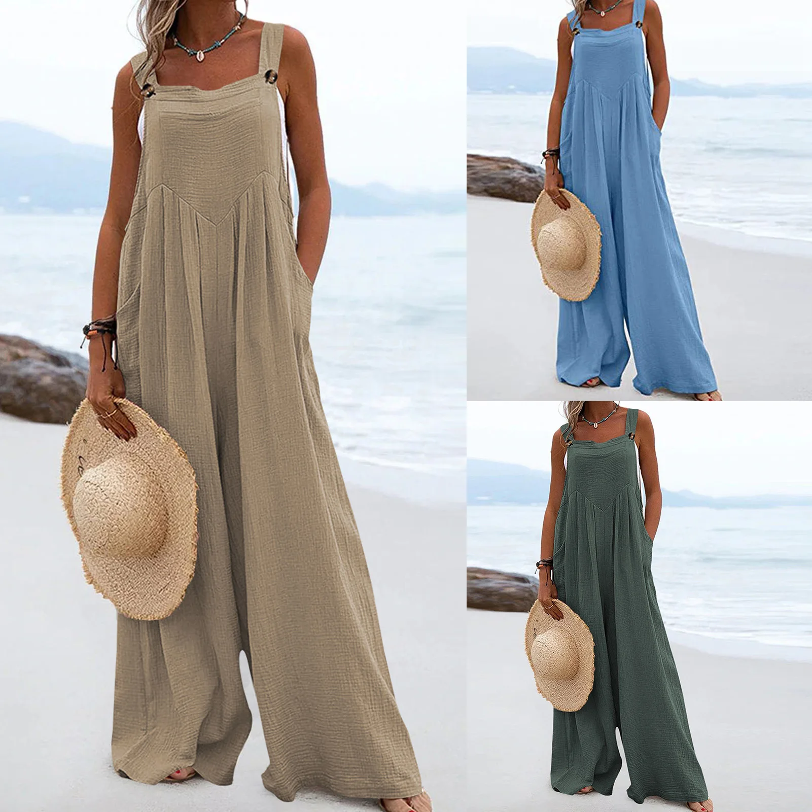 

Комбинезон женский однотонный с широкими штанинами, повседневный винтажный комбинезон на пуговицах, с широкими штанинами, для путешествий, пляжного отдыха