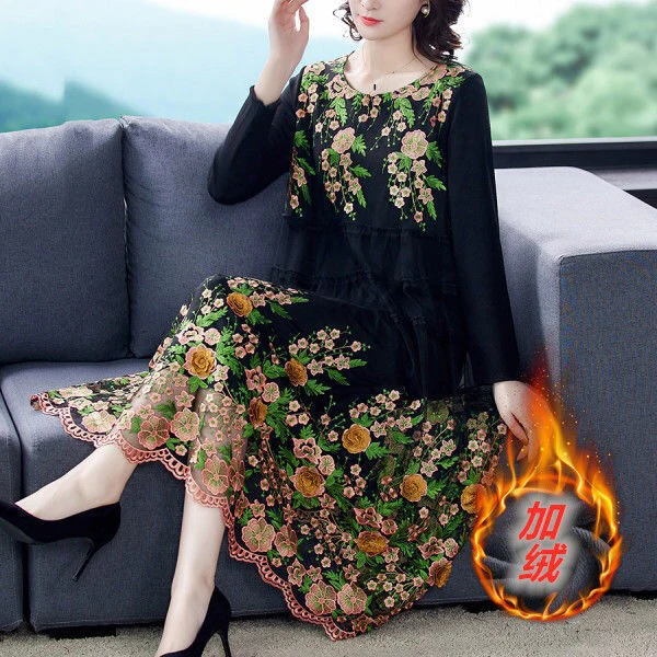 

Fall Winter 2020 Woman Embroidery Black flower Fleece Warm Thick Dress , Women Cloting 4xl 5xl Long Flower Dresses
