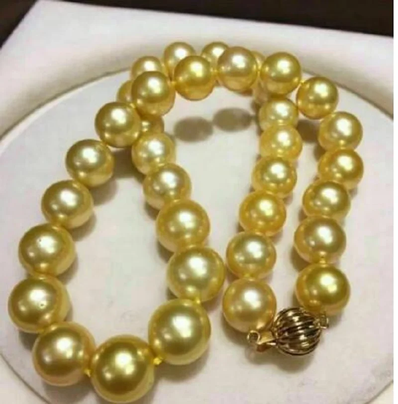 

10MM Golden Natural AAA SOUTH SEA SHELL PEARL NECKLACE 18k/20 Gold Clasp 18"