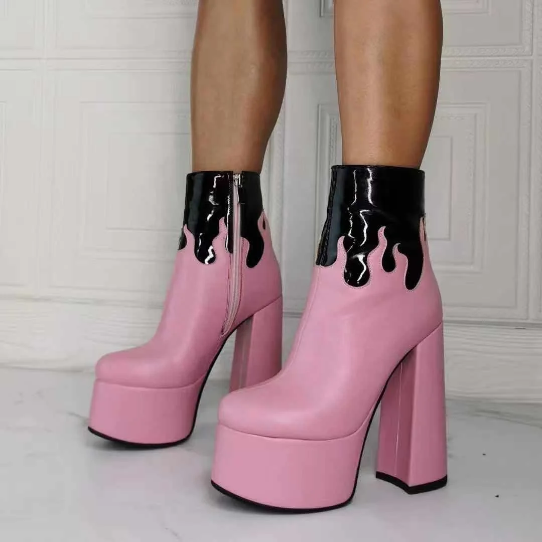 Beautiful Pink Black Contrast Color Platform Women Boots High Chunky Heel Ankle Boots Winter Shoes Big Size 47