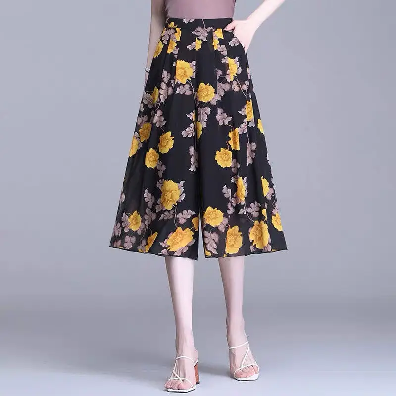 

Women 2022 Summer New High Waist Skirt Pants Female Chiffon Wide-leg Trousers Ladies Loose Print Casual Calf-Length Pants Q01