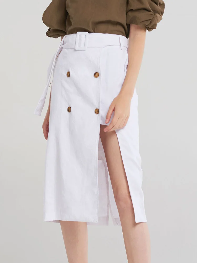 Msfancy Cotton Midi Skirt Women High Waist Button Wrap Jupe Wide Leg Slit Mujer 2022 Elegant White Faldas |
