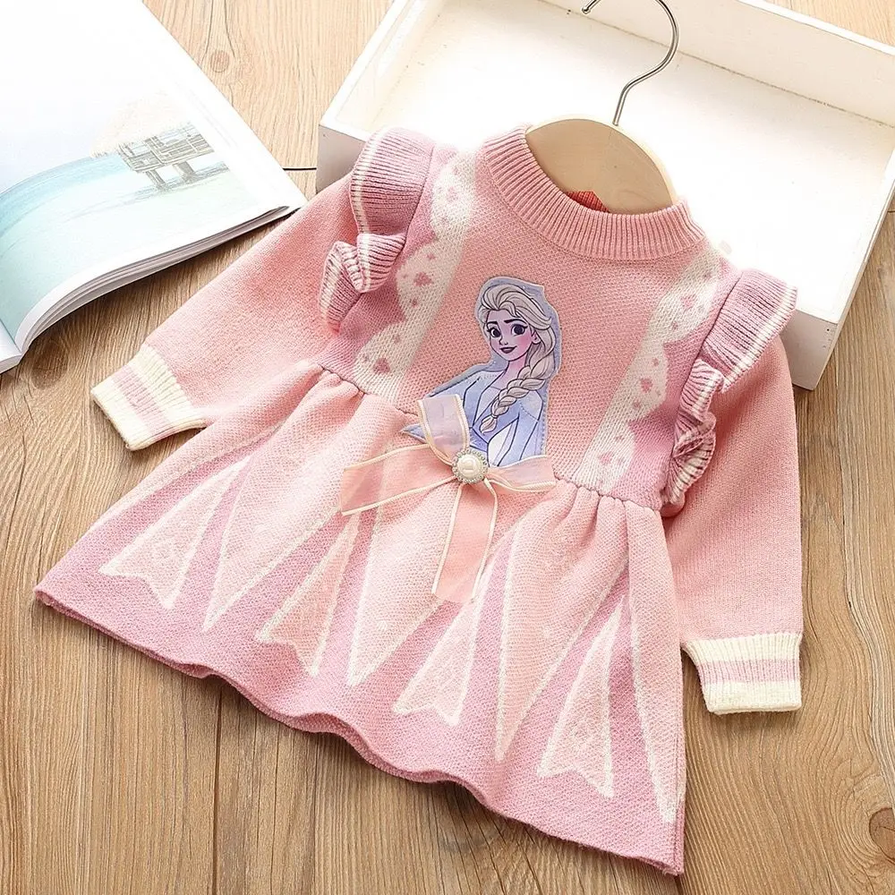 

Disney Children's Frozen Jumper Cotton Bow Decorated Autumn and Winter Temperament Princess Elsa Knitted Cartoon Jumper Dress