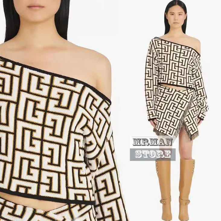 

the best Version 22 spring New Maze Pattern 3D Pattern off-Shoulder Wool Knitted Pullover cropped SEXY Branded fashion sweater
