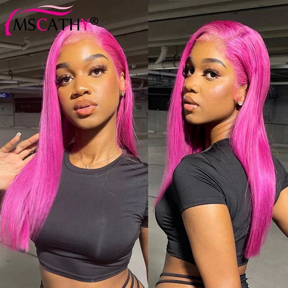 Hot Pink Colored Human Hair Wigs For Women Bone Straight Lace Front Wig Brazilian HD Transparent Lace Frontal Wigs Preplucked