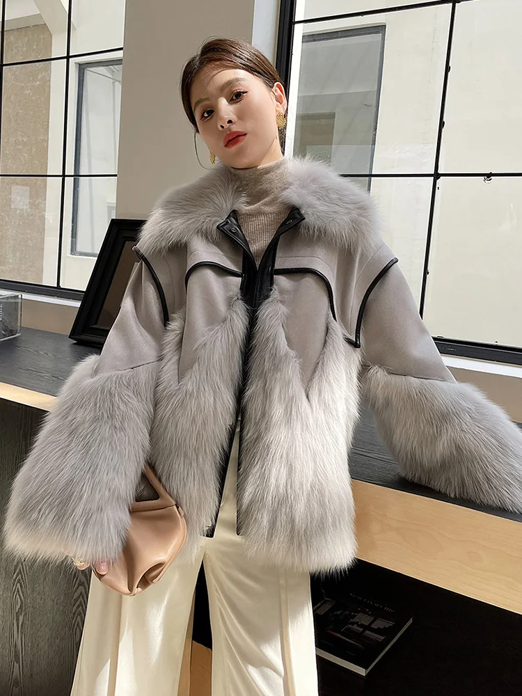 Women Real Fur Coat Autumn Winter Fashion Thick Double-faced Fox Fur Suede Patchwork Fur Jacket Single Breasted Loose Outerwear