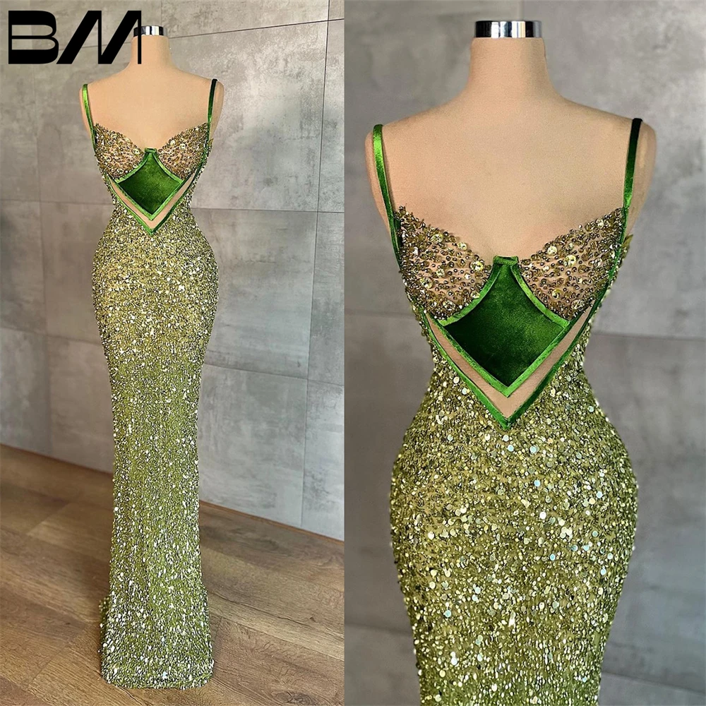 

Spaghetti Straps Sequined Prom Gowns Custom Made Beading Sparkle Party Dresses Classic Mermaid Evening Dresses