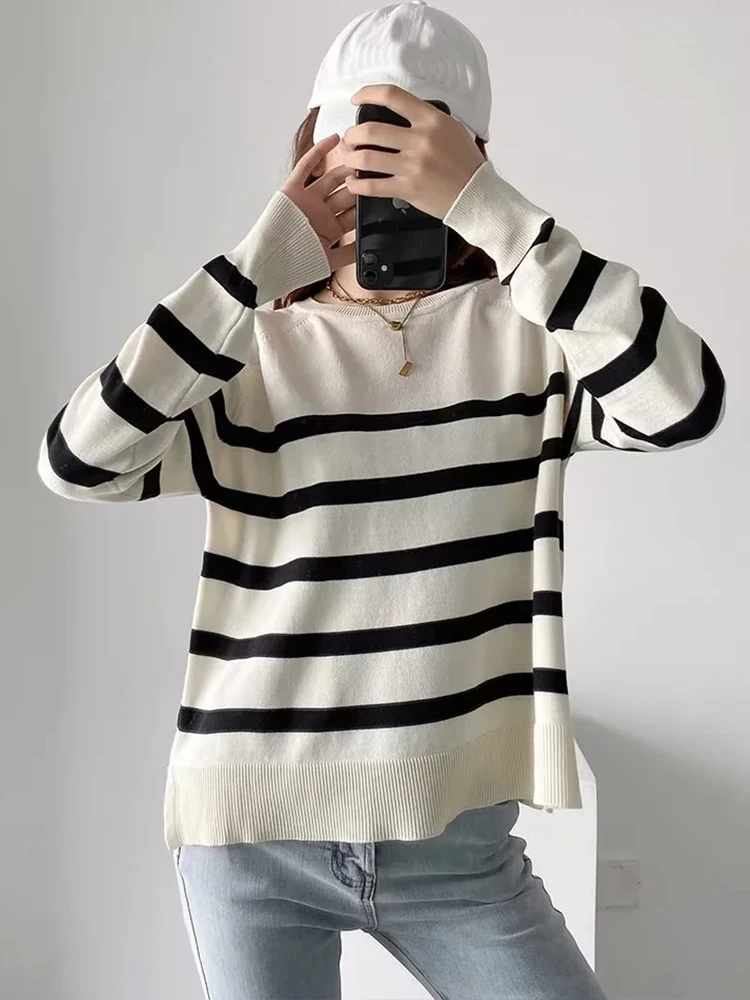 

Свитер Женский вязаный в полоску, с длинным рукавом и круглым вырезом