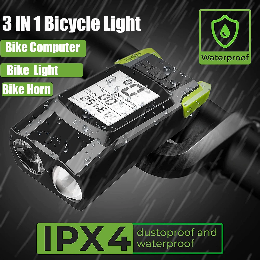 3 In 1 Bike Computer with LED USB Rechargeable Bike Light Wa