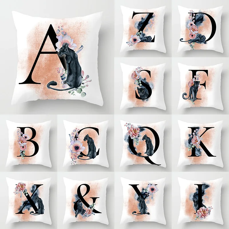 

NEW Creative Panther Pink Floral English Alphabet Cushion Case Simple White Pillows Case Black Leopard Sofa Decorative Pillows