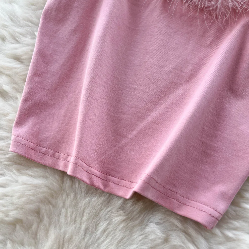 Women Spring Autumn Flocking Camis Korean Fashion Slim Solid Tank Top Chic No Chest Pad Corset Splicing Knitted Pink Crop Tops images - 6