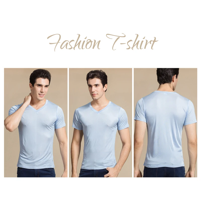 Men's V-Neck Undershirts Men Silk Knitted Seamless Short Sleeves Basics Shirts Summer Sexy Fitness Body Building Underwear