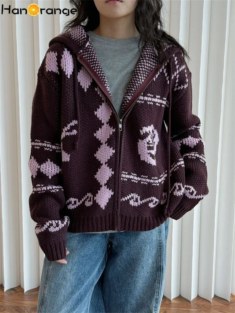 HanOrange 2024 зимний свитер с капюшоном в стиле ретро ленивый розовый олень женский