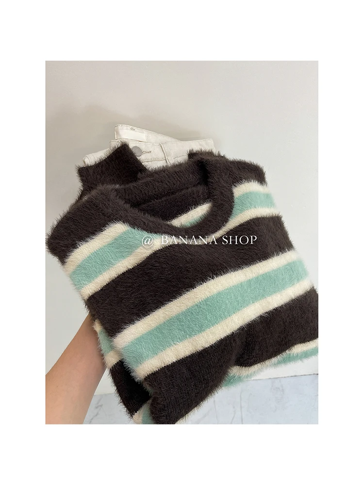 2023 Spring Autumn Women Cropped Knit Sweater Stripe Oversize Vintage O-neck Long Sleeve Female Pullovers Chic Tops Harajuku