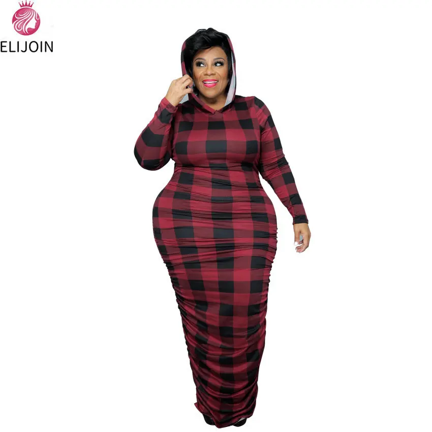 

ELIJOIN Sexy Pleated Fashion Hooded Dress Spring and Autumn Plaid Women's Dress National Dress Dress