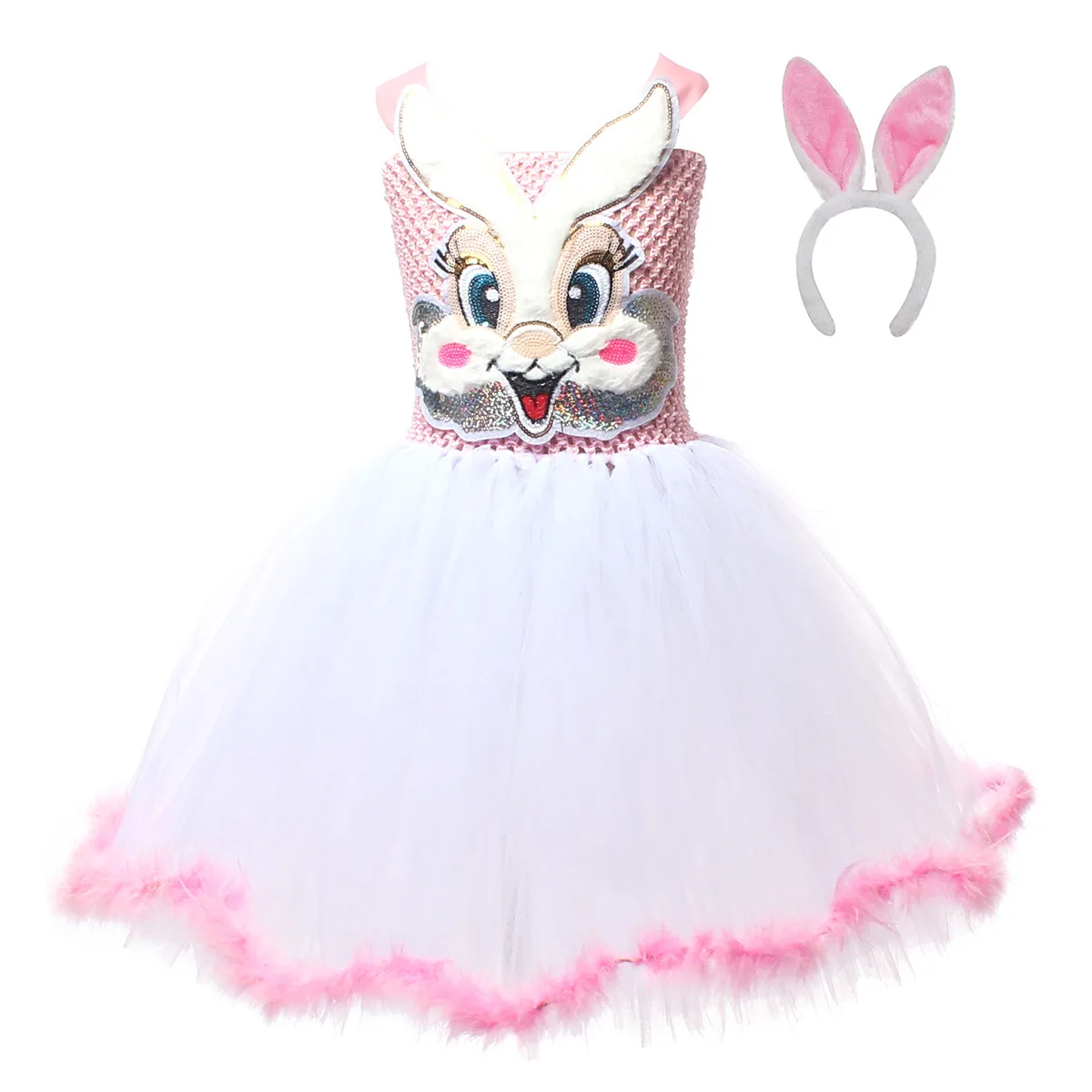 Kids Costume Easter Bunny Rabbit Dress Up Animal Ears Headband Tail Pink Princess Tulle Set for Birthday Party