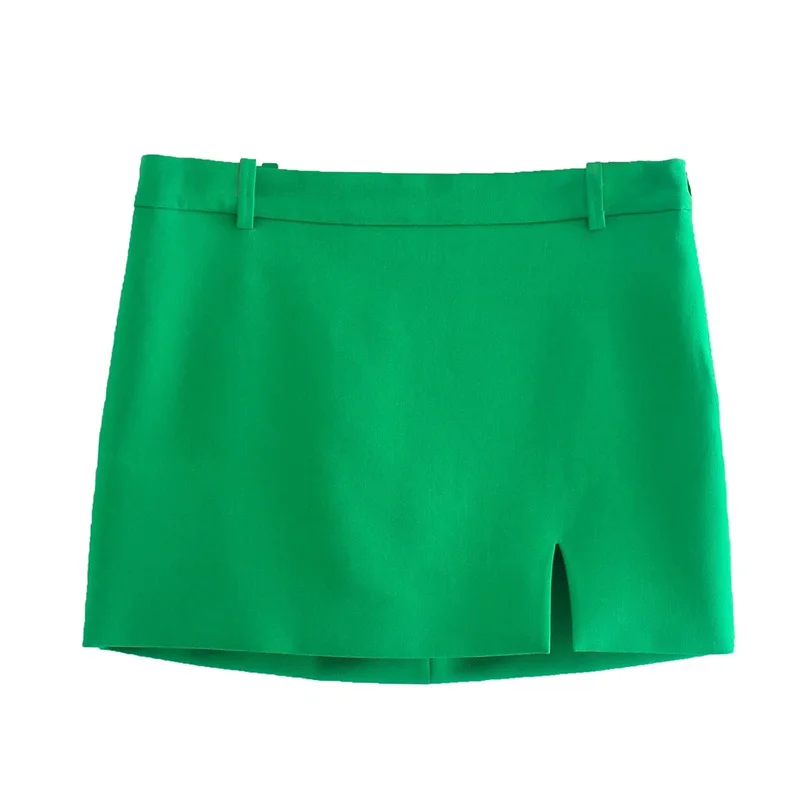 

TRAF Woman Green Mini Skirt 2023 Summer Commuting Style Solid Color Slit Hem Side Hidden Zip Skirt Long Sleeves Blazer Sets