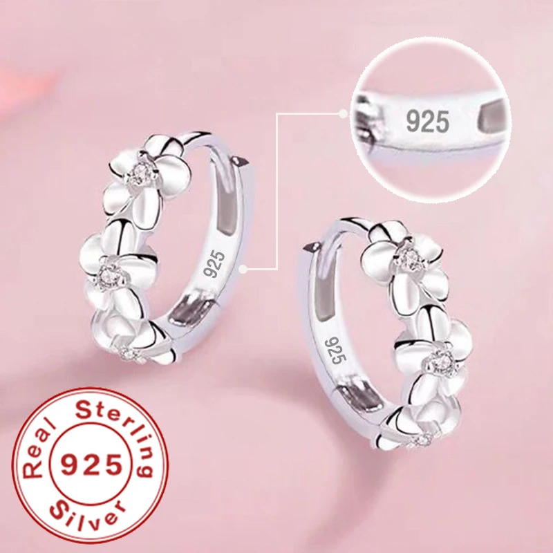 

925 Sterling Silver Small Rose Flower Round Hoop Earring AAA Zircon For Women Female Charm Engagement Wedding Jewelry