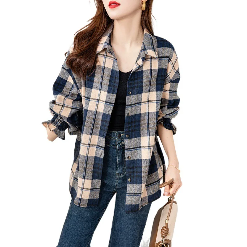 Женская блузка рубашки с длинными рукавами осенняя клетчатая сезонная новая