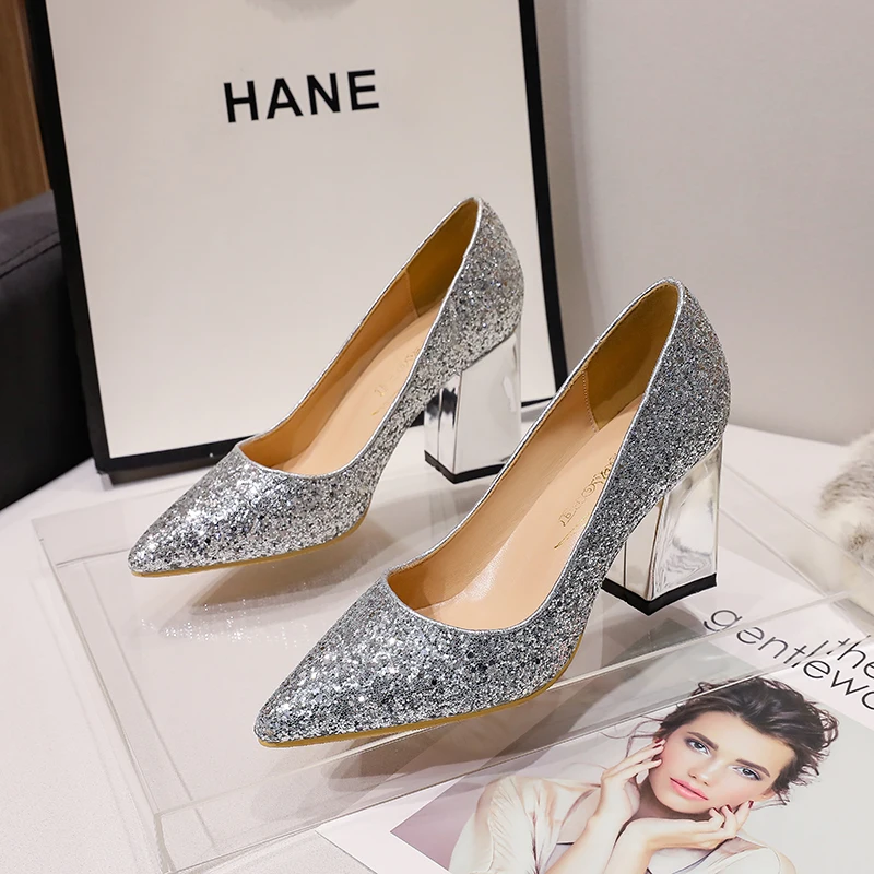 

Women's Pumps High Heels Shoes Elegant Evening Party Shallow Mouth Medium Thick Heel Pointed Toe Slip On Pump Sexy Ladies Shoe