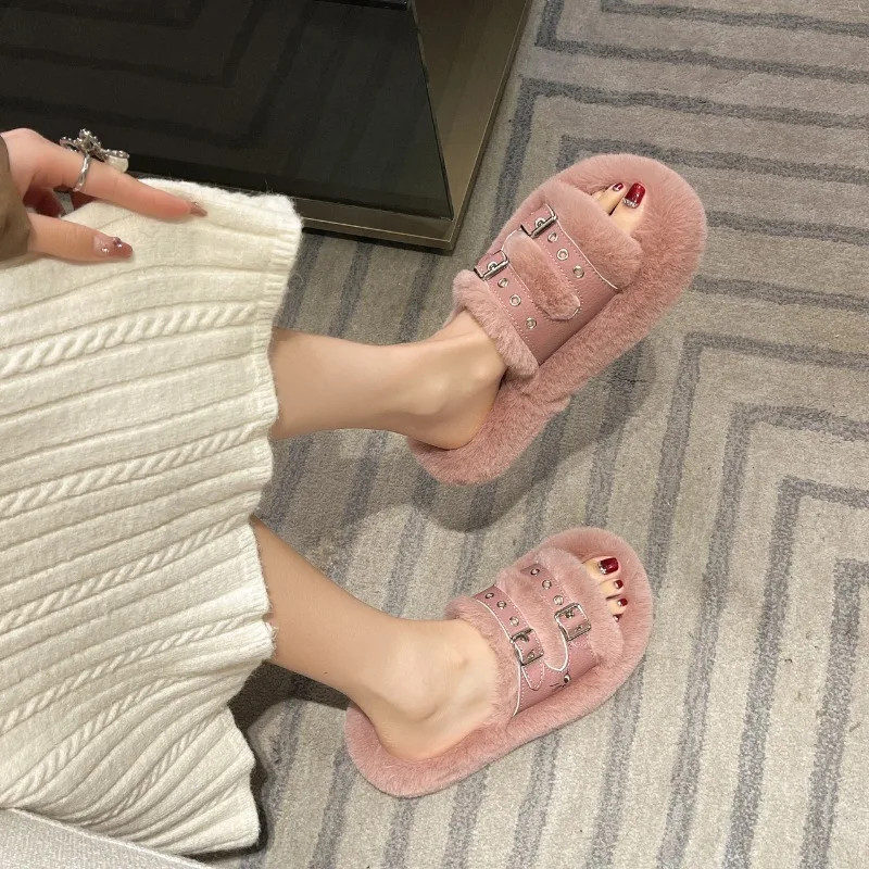 

Женские меховые плюшевые тапки, универсальные модные домашние тапки на толстой подошве, Повседневные тапочки, Осень-зима