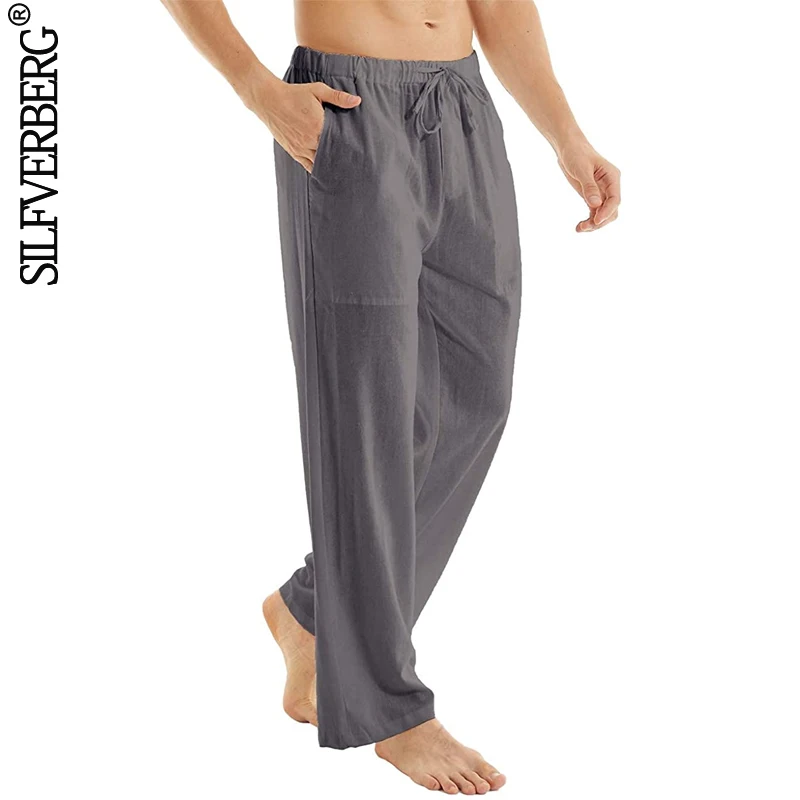 Men's Casual Beach Pants 2021 Spring Autumn Drawstring Cotton Linen Loose Open Bottom Yoga Trousers Pockets Men Clothing