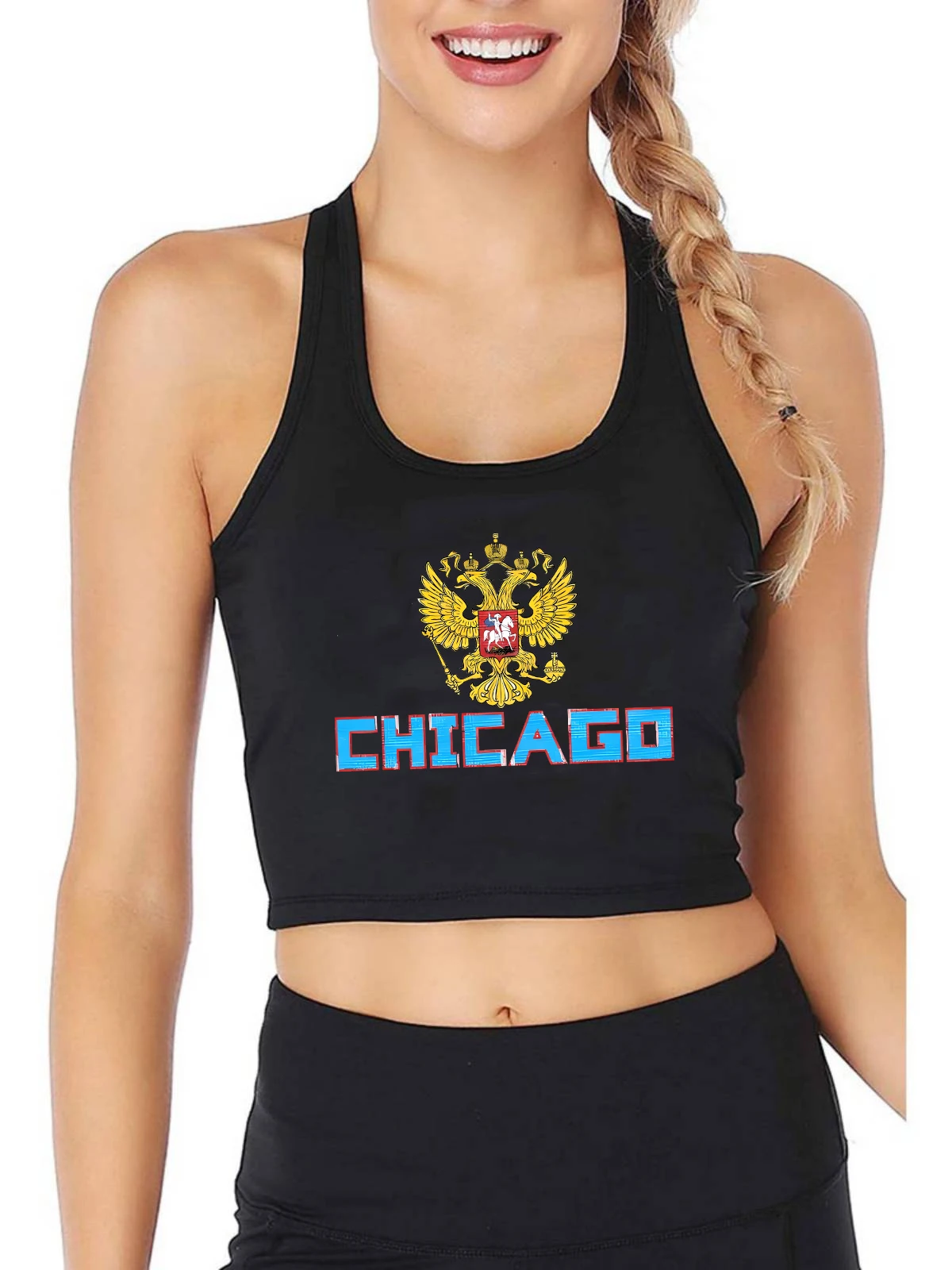 

Chicago Russian Flag Design Sexy Slim Fit Crop Top Girl's Sports Training Tank Tops Customizable Cotton Breathable Camisole