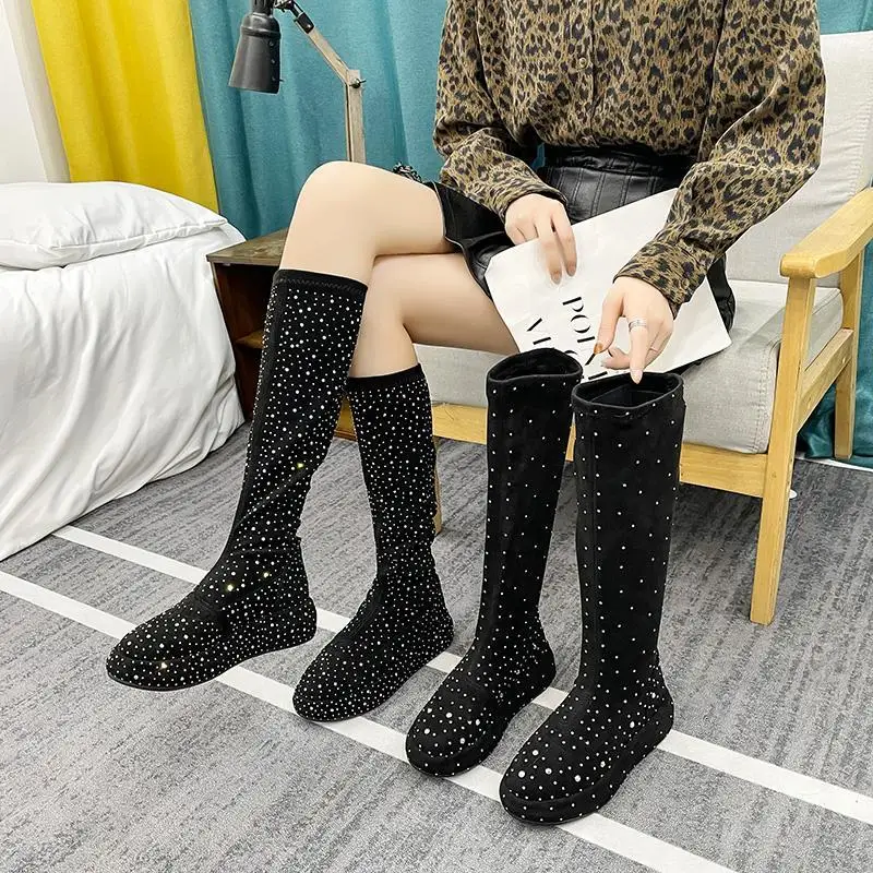 

Platform Martin Boots Women's Spring and Autumn New Rhinestone All-Match Internet Celebrity Stretch Slim-Fit Thigh-High Boots