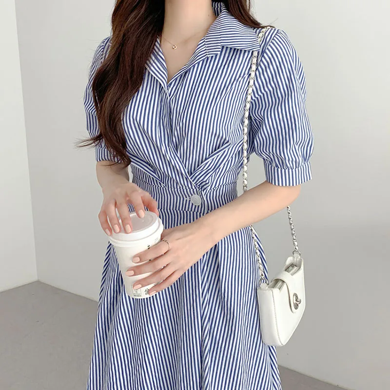 

SuperAen 2022 Summer Fashion Turn Down Collar Buckle Waist Thin Puff Sleeve A Line Striped Shirt Dress Women