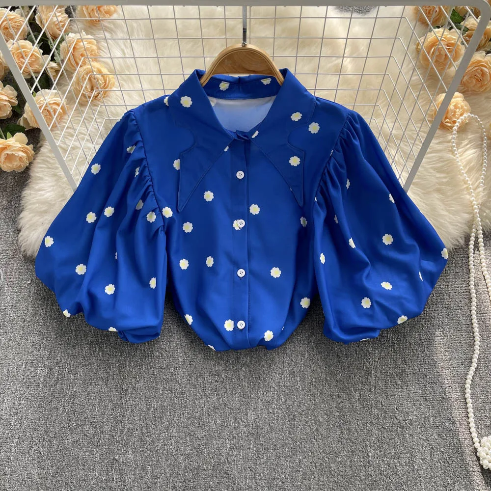 

Women's 2022 Summer New Fashion Lapel Chic Top Mujer Print Short Puff Sleeve Loose Shirt Vintage Blouse Camisas Mujer D975
