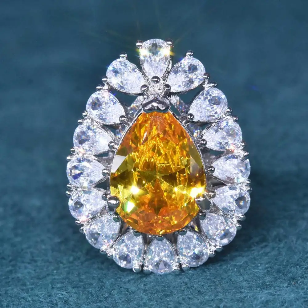 

HOYON 18K White Gold Color Luxury New Water Drop Shape Yellow Diamond style Treasure Ring High Carbon Citrine Opening Adjustable