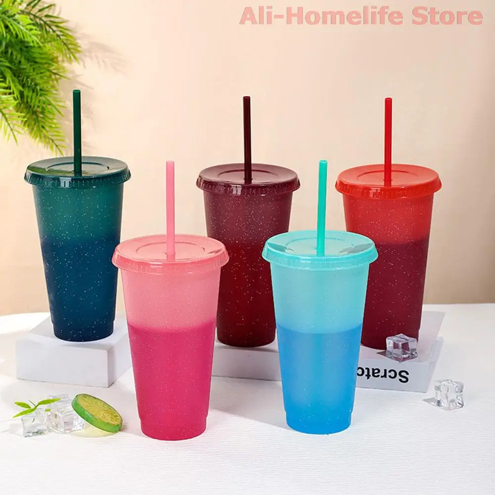 

700ML Straw Plastic Reusable Cup Flash Glitter Water Bottle With Straw And Lid For Coffee Juice Milk Tea Drinking Drinkware Item