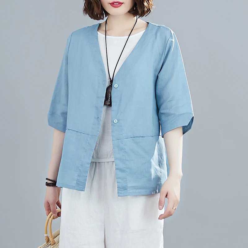 Тонкое хлопковое льняное пальто для женщин однотонный топ в ретро стиле
